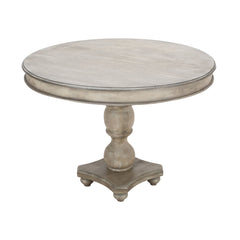 Round Dining Table, Solid Wood, Gray White Wash Top, Light Brown Pedestal Base
