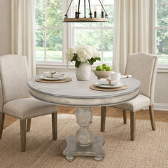 Round Dining Table, Solid Wood, Gray White Wash Top, Light Brown Pedestal Base