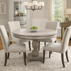 Round Dining Table, Solid Wood, Gray White Wash Top, Light Brown Pedestal Base