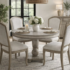 Round Dining Table, Solid Wood, Gray White Wash Top, Light Brown Pedestal Base