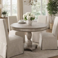 Round Dining Table, Solid Wood, Gray White Wash Top, Light Brown Pedestal Base