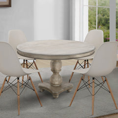 Round Dining Table, Solid Wood, Gray White Wash Top, Light Brown Pedestal Base
