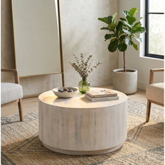 Round Drum Coffee Table, Solid Mango Wood, Whitewash