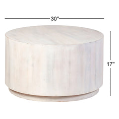 Round Drum Coffee Table, Solid Mango Wood, Whitewash