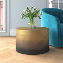 Round Drum Coffee Table with Iron Top and Base in Ombre Antique Brass
