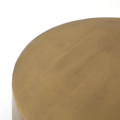 Round Drum Coffee Table with Iron Top and Base in Ombre Antique Brass