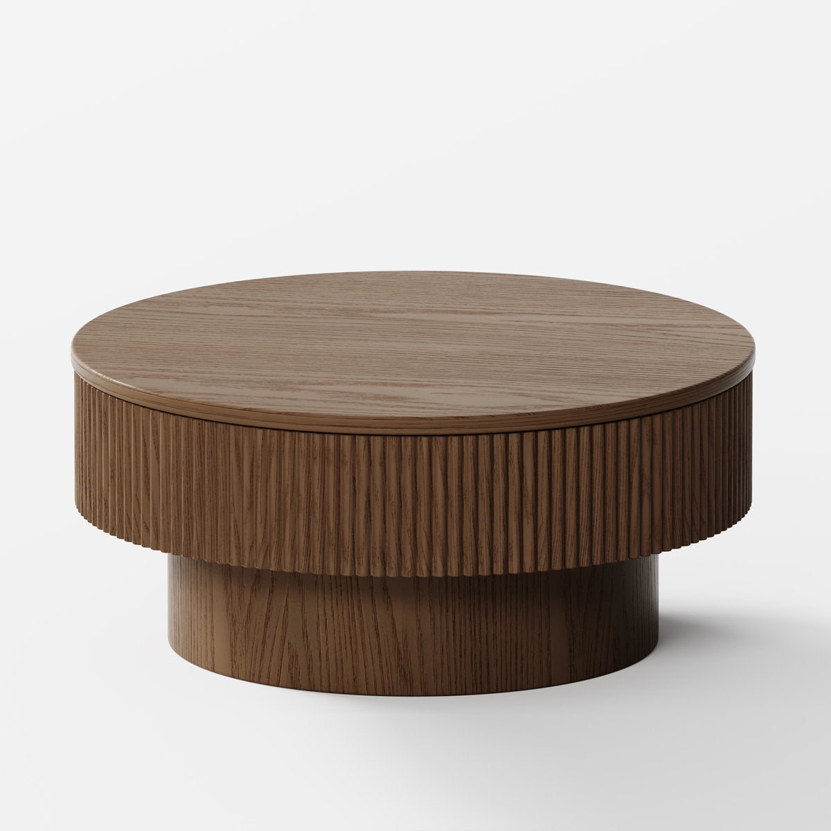 Round Drum Coffee Table with Trunk Storage in Walnut