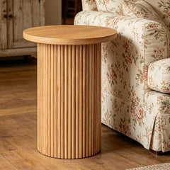 Round End Table, Fluted Drum Base in Natural Wood