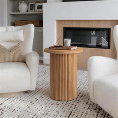 Round End Table, Fluted Drum Base in Natural Wood