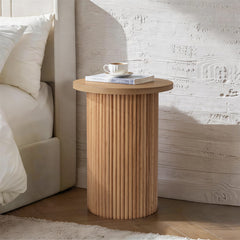 Round End Table, Fluted Drum Base in Natural Wood