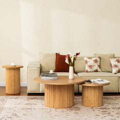 Round End Table, Fluted Drum Base in Natural Wood