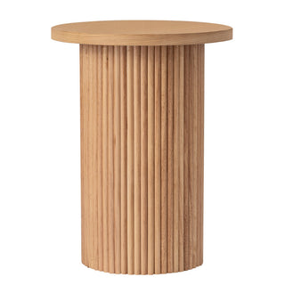 Round End Table, Fluted Drum Base in Natural Wood