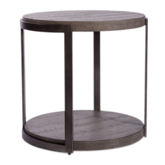 Round End Table, Gray Wood Top and Metal Base, 25 In. Wide