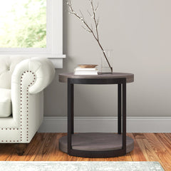 Round End Table, Gray Wood Top and Metal Base, 25 In. Wide