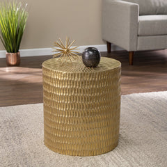 Round End Table, Mango Wood and Brass in Gold
