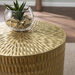 Round End Table, Mango Wood and Brass in Gold