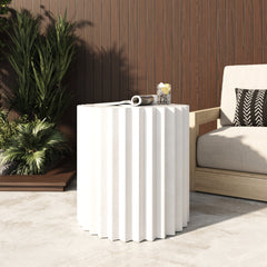 Round End Table, Ribbed Concrete, White