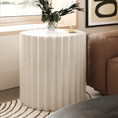 Round End Table, Ribbed Concrete, White
