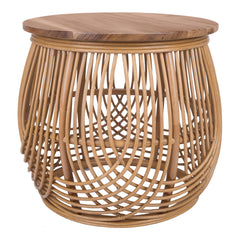 Round End Table, Solid Wood and Rattan, Honey