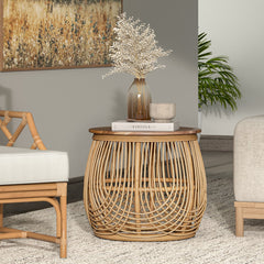Round End Table, Solid Wood and Rattan, Honey