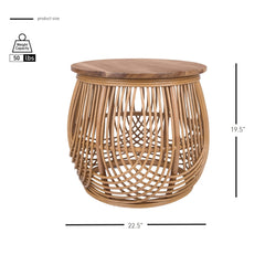 Round End Table, Solid Wood and Rattan, Honey