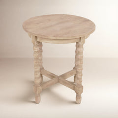 Round End Table, Solid Wood, Four Legs, Light Natural