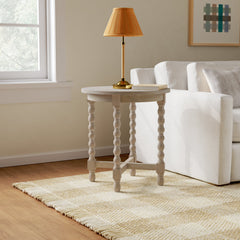 Round End Table, Solid Wood, Four Legs, Light Natural