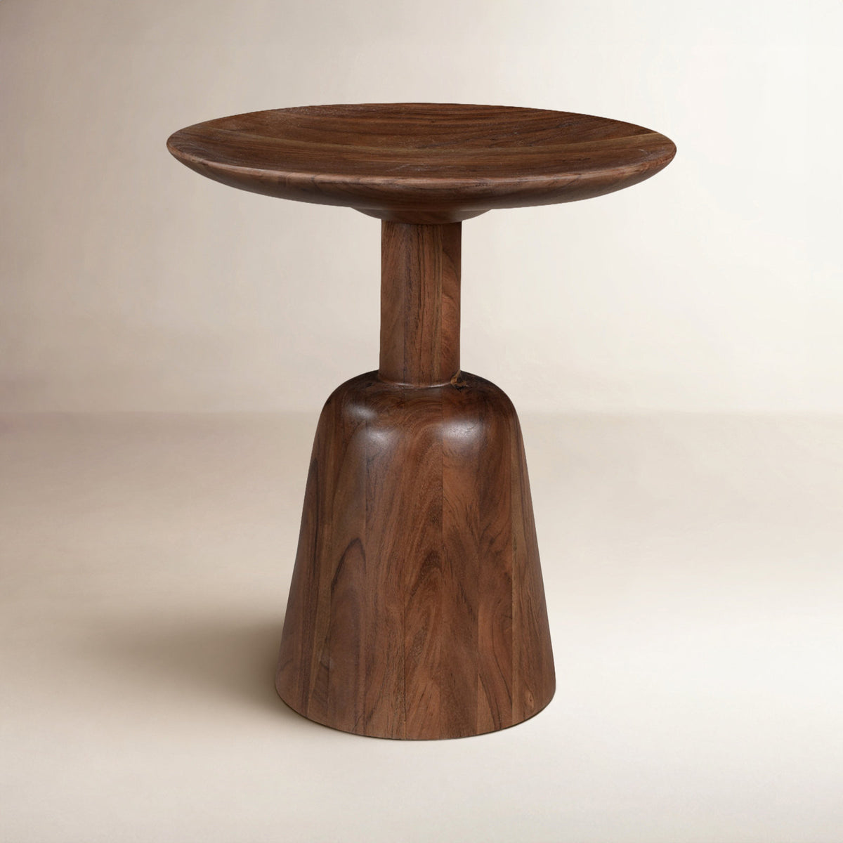Round End Table, Solid Wood with Dark Brown Finish