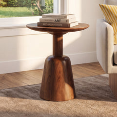 Round End Table, Solid Wood with Dark Brown Finish