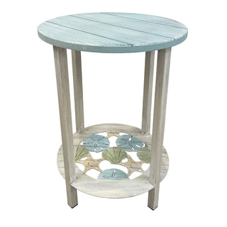 Round End Table with Light Blue Top and Off White Iron Base