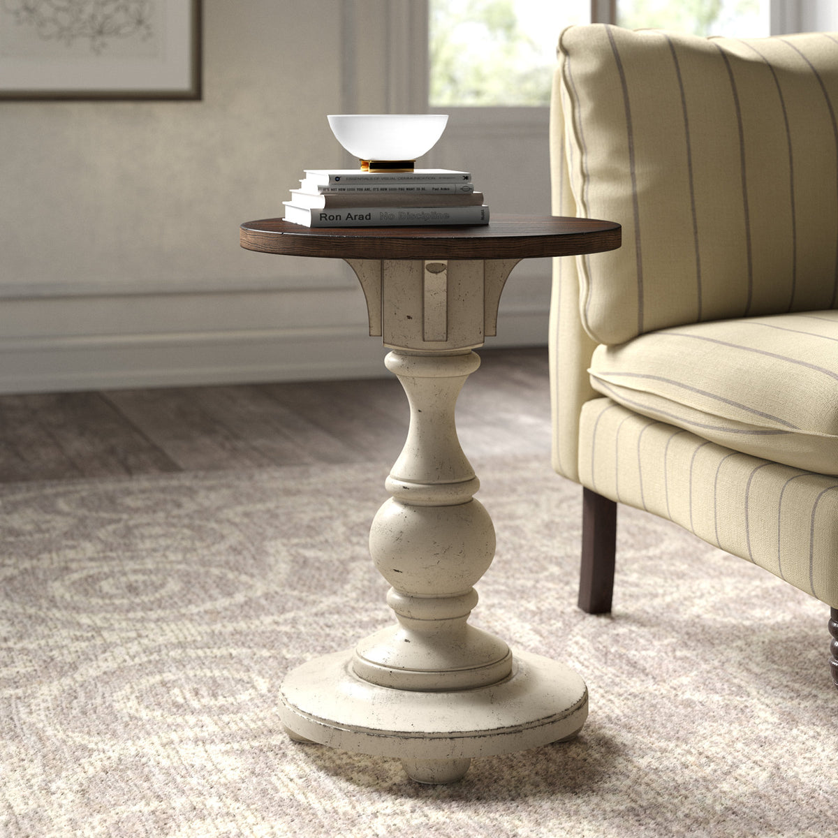 Round End Table with Lower Shelf, Brown Top and Antique White Base