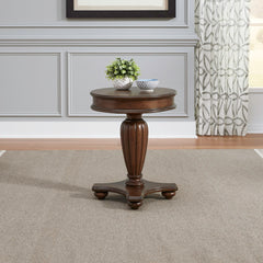 Round End Table with Reeded Pedestal Base, Brown Finish