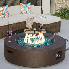 Round Fire Pit Table, Concrete with Electric Spark Ignition, Brown/Blue