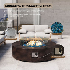 Round Fire Pit Table, Concrete with Electric Spark Ignition, Brown/Blue