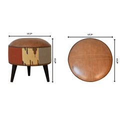 Round Footstool, Brown Buffalo Leather with Dark Walnut Legs