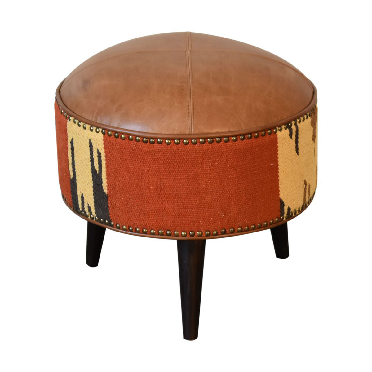 Round Footstool, Brown Buffalo Leather with Dark Walnut Legs