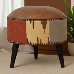 Round Footstool, Brown Buffalo Leather with Dark Walnut Legs