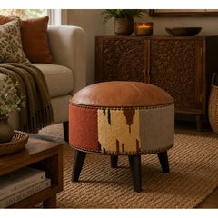 Round Footstool, Brown Buffalo Leather with Dark Walnut Legs