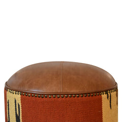 Round Footstool, Brown Buffalo Leather with Dark Walnut Legs