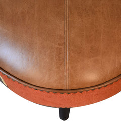 Round Footstool, Brown Buffalo Leather with Dark Walnut Legs