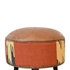 Round Footstool, Brown Buffalo Leather with Dark Walnut Legs