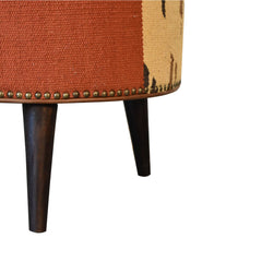 Round Footstool, Brown Buffalo Leather with Dark Walnut Legs