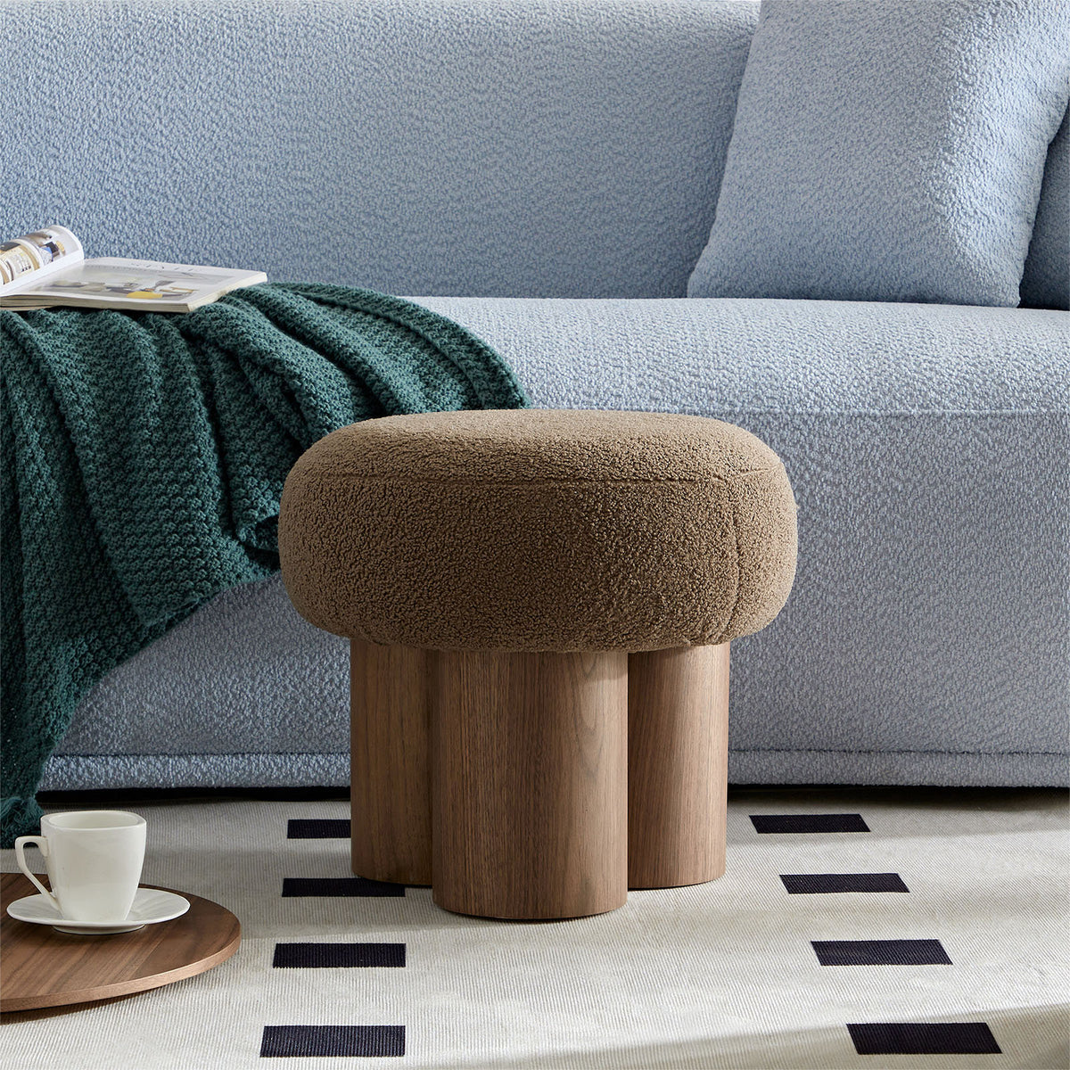 Round Footstool, Brown Fabric Upholstery, Solid Wood Frame
