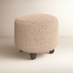 Round Footstool, Faux Shearling Upholstery, Toast Sherpa, Burnt Birch Wood Legs