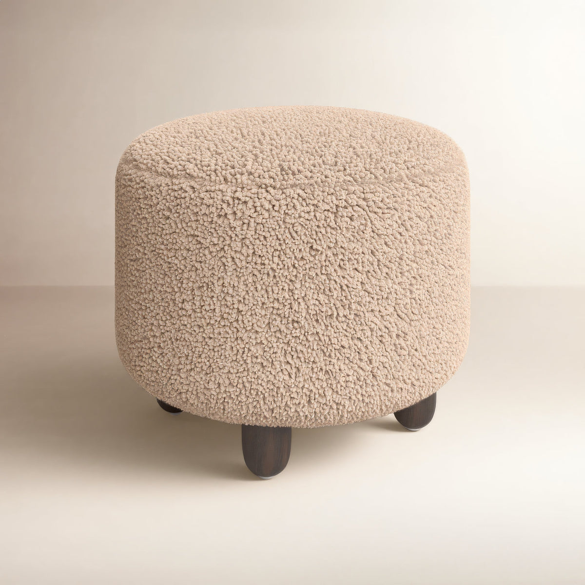 Round Footstool, Faux Shearling Upholstery, Toast Sherpa, Burnt Birch Wood Legs