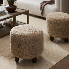 Round Footstool, Faux Shearling Upholstery, Toast Sherpa, Burnt Birch Wood Legs