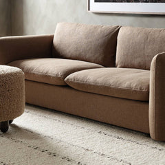 Round Footstool, Faux Shearling Upholstery, Toast Sherpa, Burnt Birch Wood Legs