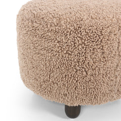 Round Footstool, Faux Shearling Upholstery, Toast Sherpa, Burnt Birch Wood Legs