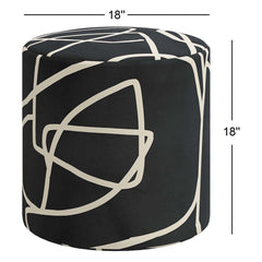 Round Footstool with Solid Wood Frame in Black Cotton Upholstery