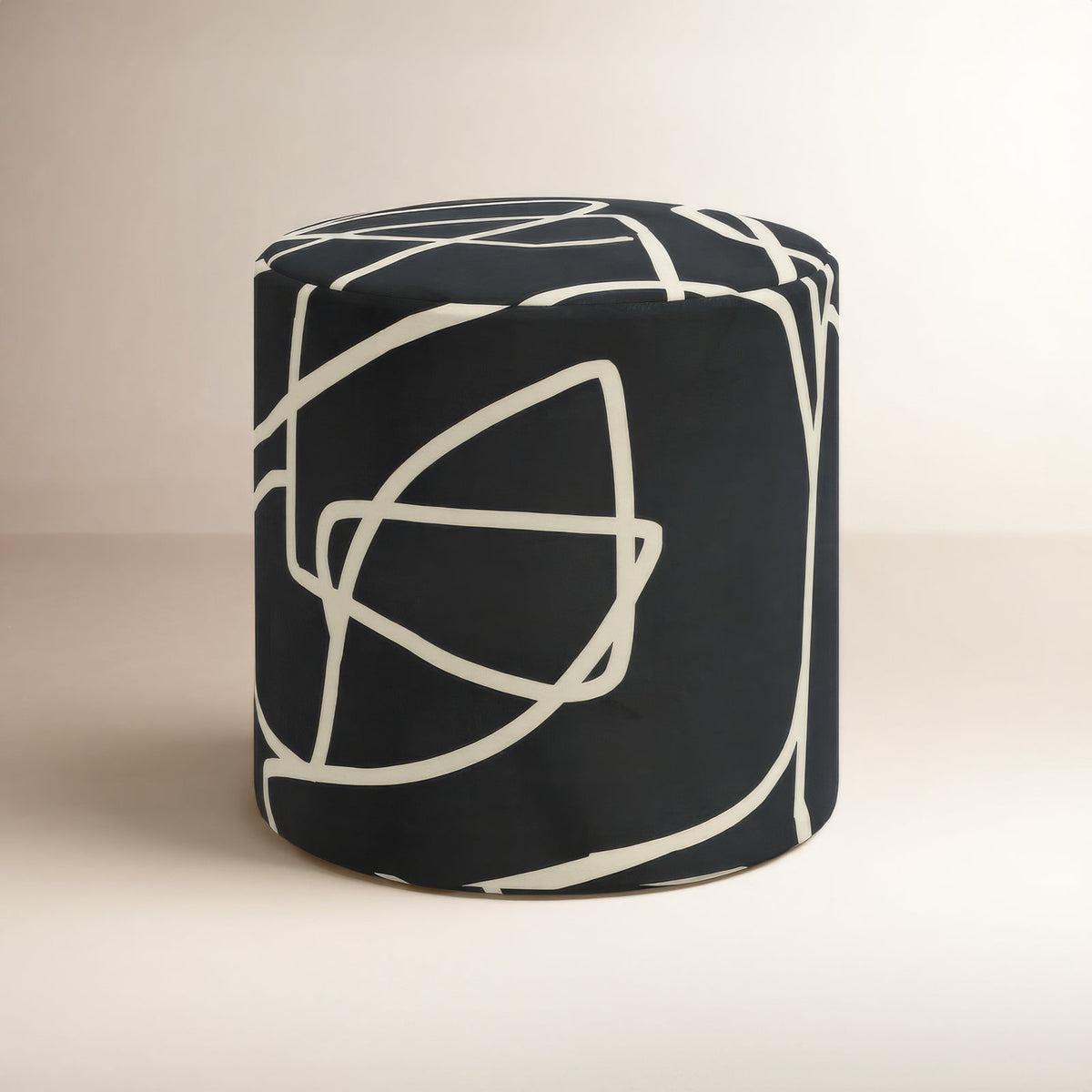 Round Footstool with Solid Wood Frame in Black Cotton Upholstery